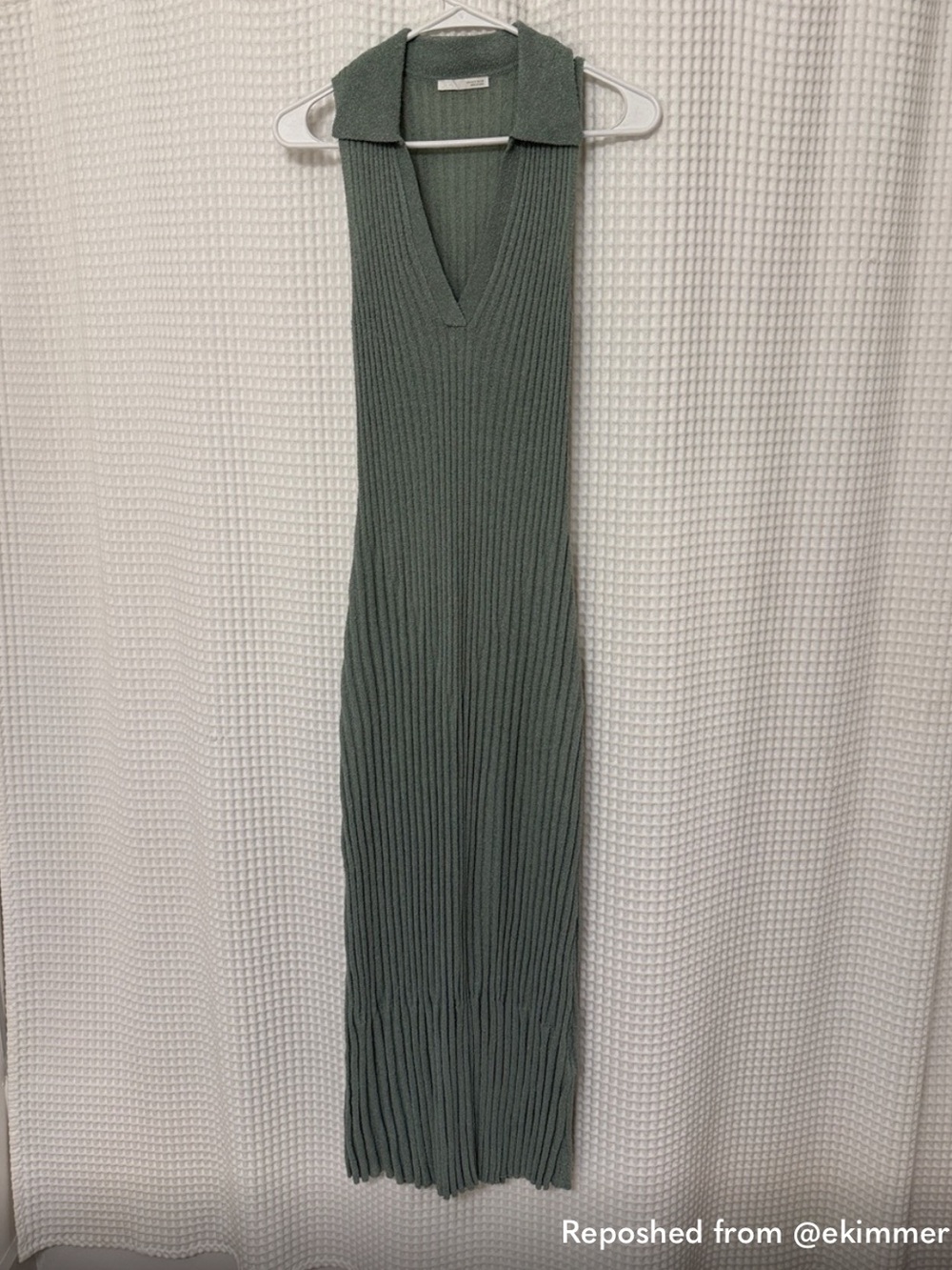 Zara Olive Green Ribbed Maxi Dress with Collar